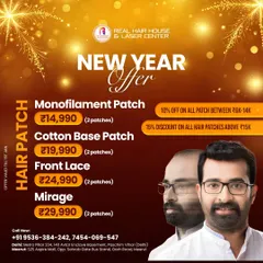 Start the new year with a new you. This graphic details our New Year offers on various hair patch types, including Monofilament, Cotton Base, Front Lace, and Mirage patches, with discounts of up to 15% off.