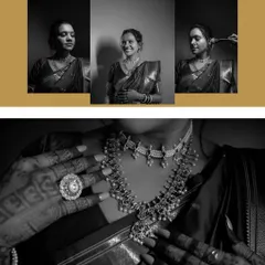 A dramatic black and white collage of the bride, showing her getting ready and a stunning close-up of her traditional necklace and mehndi.