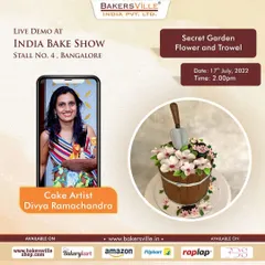 An announcement for my live demo at the India Bake Show. I demonstrated how to create a "Secret Garden" flower bucket cake.