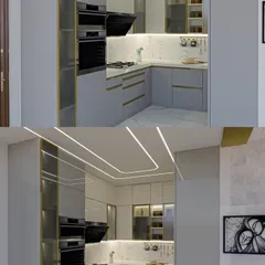 A 3D render showcasing two lighting options for a modern L-shaped kitchen, one with recessed ceiling lights and the other with profile lighting for a different mood.