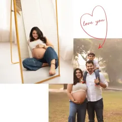 A collage showing both studio and outdoor family moments. It captures the fun of including an older child in the maternity shoot, from mirror shots to family poses.