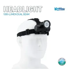 The BigBlue 1000 Lumen Dual Beam Headlight, shown on a mannequin for scale. This hands-free light is perfect for night dives, offering both a narrow spot beam for distance and a wide flood beam for broad coverage.