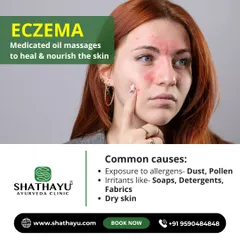 For Eczema, we use medicated oil massages to heal and nourish the skin. We also help identify and manage common causes like allergens, irritants, and dry skin to provide lasting relief from flare-ups.