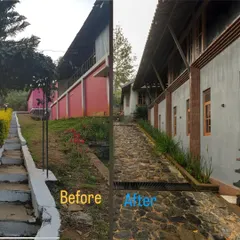 A direct before and after comparison of a pathway at the TARA resort. The transformation highlights my approach of replacing artificial elements with natural, locally sourced materials like cobblestone to enhance the rustic charm.