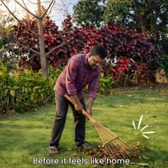 A beautiful garden starts with foundational care. Here, our team member is clearing away dry leaves, an essential step in keeping the lawn healthy and preventing pest infestations.