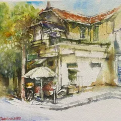 A watercolor painting of a vintage house with old-world charm. Capturing the character of these buildings, with their unique architecture and stories, is a subject very close to my heart.