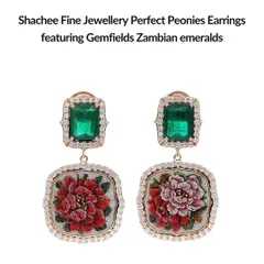 Inspired by the timeless beauty of Japanese Hokusai art, these Perfect Peonies earrings feature stunning Gemfields Zambian emeralds. The micromosaic peonies are framed in 18k rose gold and diamonds, blending heritage with modern elegance.