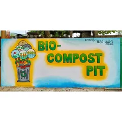 The finished mural for a Bio-Compost Pit at the Government Arts and Science College in Karwar. This was an NSS project to promote environmental awareness. The art is designed to be bright, informative, and positive.