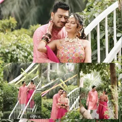 A collage of a couple's tender moments during their Haldi celebration, set in a lush garden.