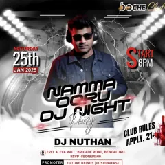 A flyer for a 'Namma Ooru DJ Night' at Boche Club. These nights are purely for the love of Kannada music, where I play everything from Dr. Rajkumar classics to the latest hits.