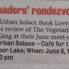 Our Book Lovers' Club meeting got a shout-out in the Bangalore Mirror for our review of "The Vegetarian." It's always great to see our readers' rendezvous in the news.
