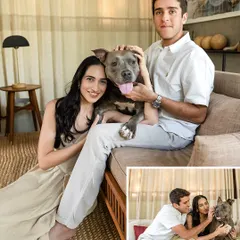 A collage of a happy couple with their pitbull, Millie. These indoor shots from their engagement session showcase their relaxed and loving family dynamic.