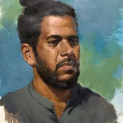 An acrylic portrait of a "Koli" man, focusing on capturing a strong presence with bold brushwork and a simple, powerful colour palette.