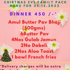 My family packs are great for small parties and get-togethers. This Christmas combo included a mix of meal and snack items like Amul Butter Pav Bhaji, Dabeli, Aloo Toast, and French fries.