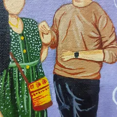 A close-up of a faceless painting, showing the texture of the canvas and the detail I put into the clothing and accessories, like the traditional bag.
