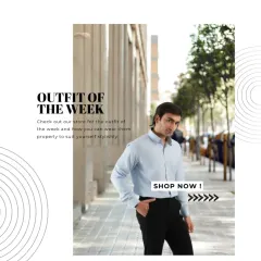 This sky blue cotton shirt is a wardrobe essential. Here it's shown on a model in a casual, stylish setting, proving that even a basic shirt, when tailored correctly, can be the star of your outfit.