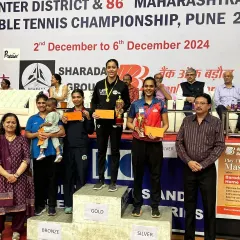 Senhora Dsouza shines on the winner's podium after being crowned the Women's Singles Champion at the State Table Tennis Championship in Pune. Her victory is an inspiration to all our female athletes.