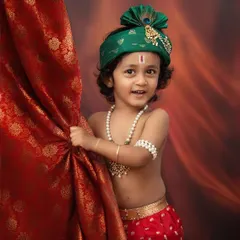 Here is one of our little Krishnas, peeking out with a playful smile. Our Janmashtami sessions are a favorite, and we use rich, colorful fabrics and props to create an authentic and divine atmosphere for these special portraits.