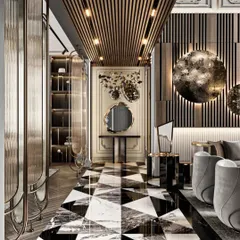 This image captures a sophisticated play of patterns and textures. The geometric black and white marble floor, fluted wood ceilings, and reflective wall art come together to create a dynamic and luxurious entryway or hallway.