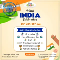 Our Mini India Celebration is a patriotic party! The event includes play time, bumper cars, a DIY Tricolour Sandwich craft, and a Mini India book giveaway.