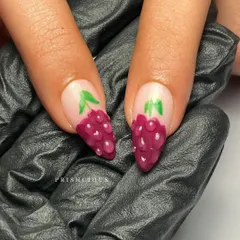 A detailed look at the grape nails from the fruit salad set. Each tiny grape was painted individually to create depth and dimension.