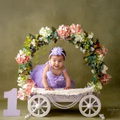 Dressed in a beautiful lavender gown, this little princess is ready for her first birthday portrait. The floral carriage prop adds a touch of fairytale magic to the scene.