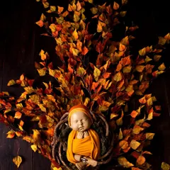 An autumn-themed newborn photo with the baby peacefully sleeping in a rustic nest, encircled by a cascade of warm orange and yellow leaves. This is a beautiful way to capture a baby born in the fall season.