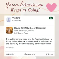 This review from Vandana mentions the great ambiance, delicious food, and the exceptional service she received. It makes me so happy to know my guests enjoy their dinner with us.