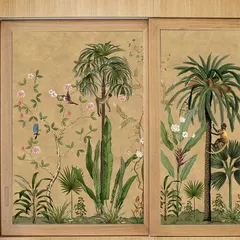 I believe art should not be confined to walls. For this project, I transformed simple wardrobe panels into a stunning tropical narrative, featuring hand-painted monkeys and exotic flora that bring a sense of playful elegance to the room.