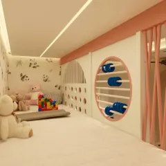 The upper bunk bed includes a playful abacus and circular cutouts, making it a fun and interactive space for the kids.