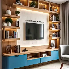 This custom TV unit combines natural wood tones with a pop of blue for a fresh, modern look. The asymmetrical shelving provides ample space for books and decor, while integrated backlighting highlights the textured wall and creates a warm ambiance.