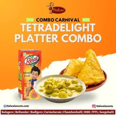 My Tetradelight Platter Combo is part of our Combo Carnival, featuring Angoori Rasmalai and Paneer Dhokla Sandwich with a juice box.
