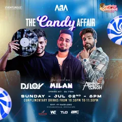 The poster for 'The Candy Affair' at Sugar Factory, featuring a lineup of three top DJs. I often collaborate with other artists to create a bigger and better experience.