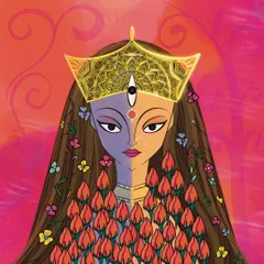 Here is the benevolent form of the Goddess, adorned with a mandala-detailed crown and surrounded by flowers. I used warm tones to evoke a sense of peace and maternal protection.