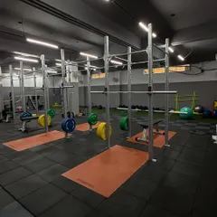 The layout of my gym is designed for a seamless flow between different training zones. You can see the dedicated platforms for Olympic lifting and the open space for dynamic warmups and conditioning drills.