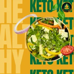 My new healthy menu includes delicious keto options. This graphic highlights a fresh keto salad with paneer, bell peppers, and greens.