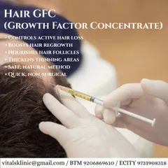 This graphic details our Growth Factor Concentrate (GFC) therapy, a highly effective non-surgical option. GFC controls active hair loss, boosts regrowth, nourishes follicles, and thickens thinning areas using a concentrated dose of your body's own growth factors.