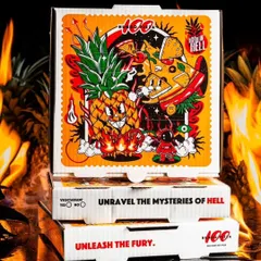 Stacked pizza boxes from Hundo Pizza with flames in the background. This shot combines the product's packaging with the brand's core visual element of fire, creating a powerful and cohesive brand image.