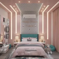 This princess-themed room uses soft pink tones and sophisticated lighting to create a magical ambiance. The recessed ceiling and wall lights add depth and a touch of glamour, perfect for a modern princess.