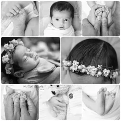 A beautiful black and white collage of newborn details. This collection of images captures the tiny hands, feet, and facial features that make every baby unique.
