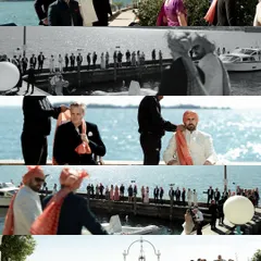 A collage capturing the vibrant baraat arriving by boat on Lake Garda, Italy. This shows how I document every unique aspect of a destination wedding, telling a complete story of the day.