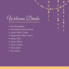 Start your event right with our refreshing Welcome Drinks. Choose from unique options like Kala Khatta Nimbu Paani, Jamun Shots, or a classic Lemon Mint Cooler to greet your guests.