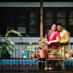 Purujit and Jessie's pre wedding shoot took place in Purujit's beautiful old wada in Pune. The home itself is full of character, and the balcony filled with plants was the perfect spot for a portrait.