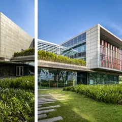 Two perspectives of the JSW Vasind administrative building, showcasing its distinct volumes and integration with the green landscape. The design uses a combination of glass, concrete, and stone to create a modern yet grounded aesthetic.
