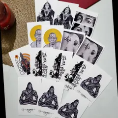 A glimpse of the different postcard designs available, featuring deities like Mahadev, Swami Samarth, and Radharani. Each one is a miniature version of my original hand-drawn artwork.