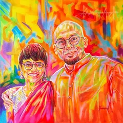 This vibrant acrylic painting was commissioned as a gift for a couple in Kerala, capturing their connection with a modern and colorful flair.