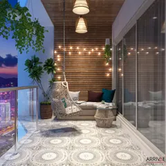 This cozy balcony is designed for magical evenings, with a comfortable swing, a small seating area, and romantic string lights creating a warm and inviting ambiance.