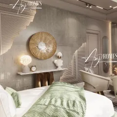 Texture plays a key role in making a neutral room feel rich and layered. Here, we used a combination of rough-textured wall finishes and smooth, curved panels to create a dynamic backdrop. The minimalist console and artistic decor add a touch of personality to this serene bedroom corner.