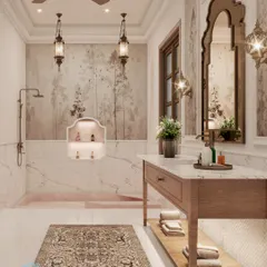 Even the bathroom is a testament to heritage-inspired luxury. A custom-carved mirror, traditional lantern-style lighting, and a distressed wall finish complement the modern fixtures, creating a spa-like retreat with a story to tell.