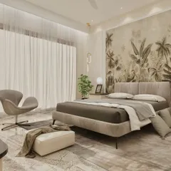 This bedroom render showcases a nature-inspired theme with a tropical print wallpaper accent wall. The furniture is kept minimal and modern to create a tranquil, uncluttered space.